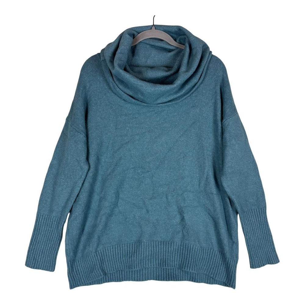 Joan Vass Sweater Womens M Blue Cowl Neck Long‎ Sleeve Knit Relaxed Pullover